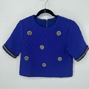 Endless Rose Embellished Textured Crop Top Blue Short Sleeve‎ Blouse Women’s S